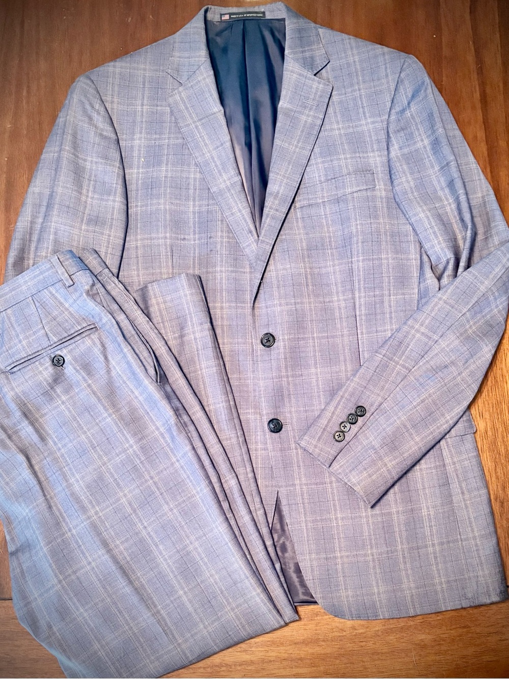 Hart Schaffner Marx 42L 100% Worsted Wool Suit - Gray Blue Windowpane Print